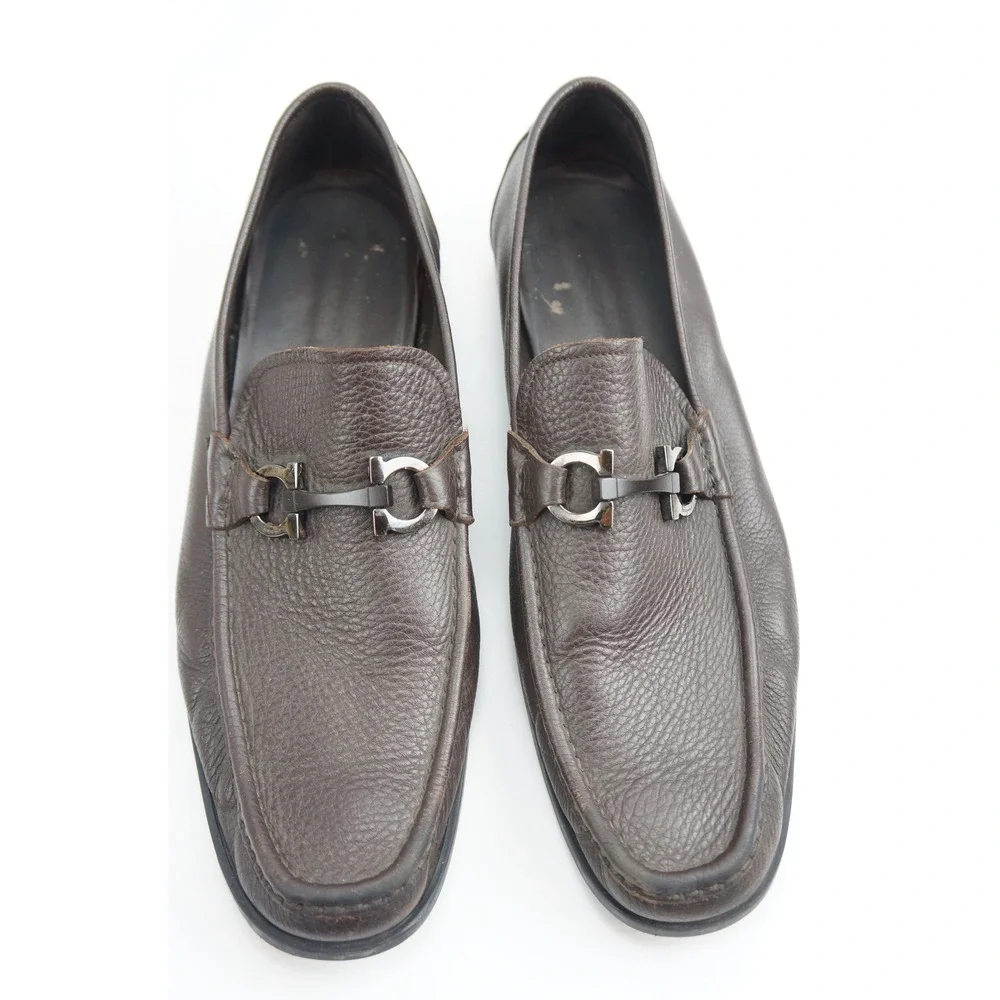 Salvatore Ferragamo Loafers 13 Brown Gancini Pebble Grain Leather Good